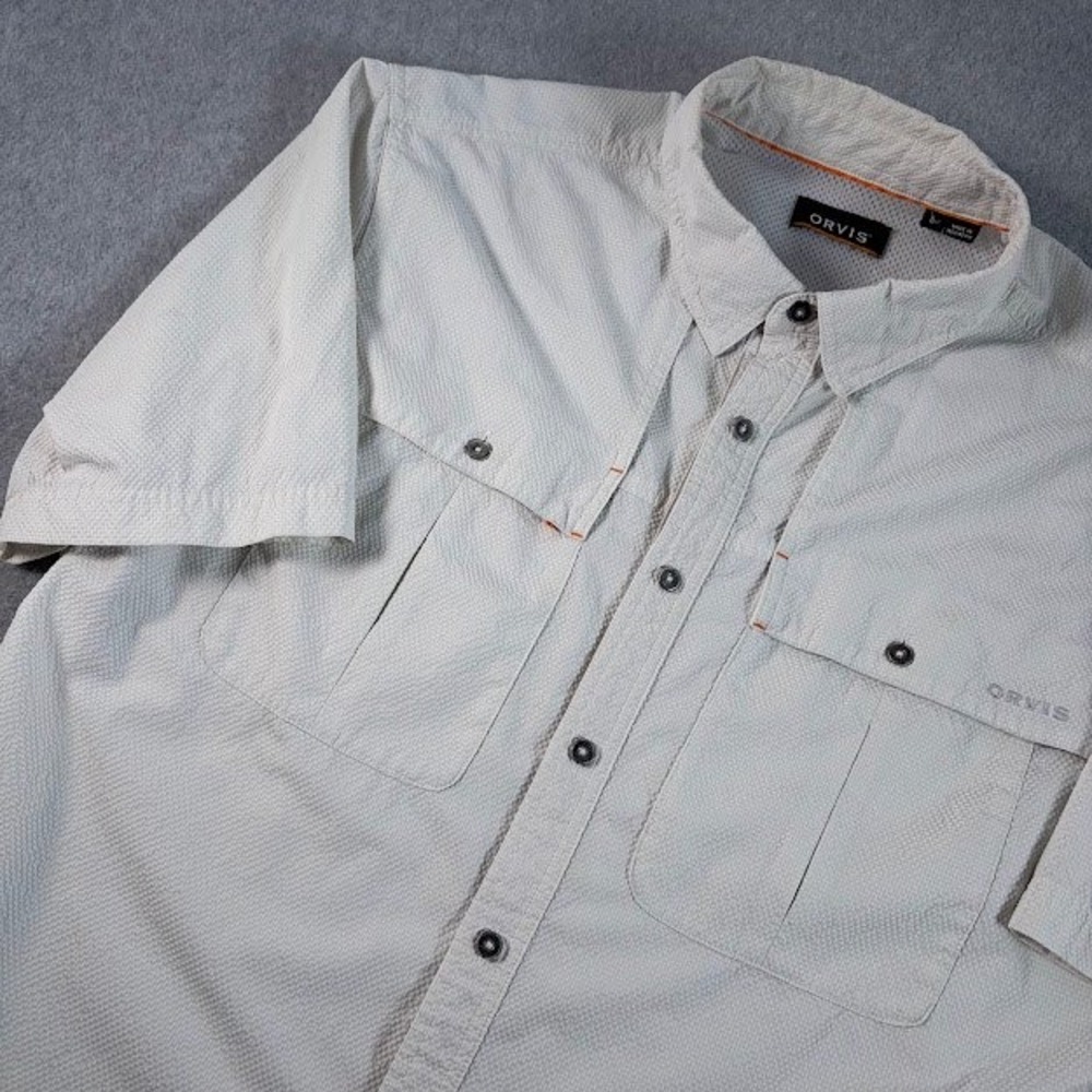 Orvis Fishing Shirt Mens L Beige Textured Vented Back Short Sleeve Performance